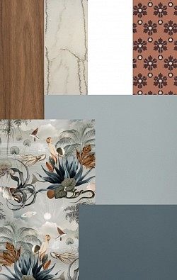 Moodboard parquet - papier-peint - carreaux de ciment - Dekton - couleur peinture