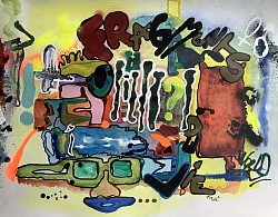 Oeuvre originale série  « Fragments de vie 1 » Un enchevêtrement de passages d’un état intérieur à un autre? Des symboles comme la porte, le signe validé, le point d’interrogation, la figure humaine caché derrière des lunettes, des entités….