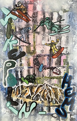 Oeuvre originale - Commande Collaboration FWT China (affiche compétition qualifier + textiles) - Aquarelle, bombes aérosols, pochoirs, encre de Chine et peinture acrylique. Des snowboarders en plein vol au-dessus des montagnes chinoises
