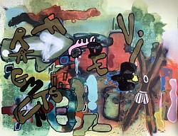 Oeuvre originale série « Fragments de vie 2 » . Des tons plus sombres semblent pousser un personnage que l’on devine en plein mouvement. Enchevêtrement de lettres sous un œil contemplateur