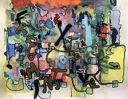 Oeuvre originale « Fragments de vie 3 ». Une luminosité incroyable, un point d’exclamation, une croix et une porte d’une couleur jaune flashy comme symboles très visibles