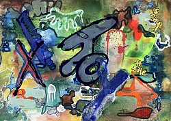 Oeuvre originale série « Joy…stay here 2 » Expressionnisme abstrait. Des couleurs vives pour ce petit format aux multiples symboles pour baliser certaines périodes de tumultes. Par ces couleurs lumineuses, une gaieté cherche à s’imposer