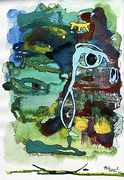 Oeuvre originale « Lumière divine ». Une oeuvre qui affiche clairement la présence de son ange gardien par un oeil bien visible entouré de nuages d’un vert profond. L’autre moitié du visage représente la personne du monde réel, avec des couleurs travaillées de façon à traduire une certaine inquiétude