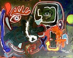 Oeuvre originale de petit format « Tell me what », aux couleurs vives bleu, vert et orange. Les symboles servant toujours de balises. L’œil encerclé pointe du doigt un esprit fermé à toute discussion alors qu’à l’inverse, un autre oeil immense et de couleur vive marque son incompréhension par un point d’exclamation et incite à un échange