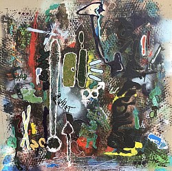 Oeuvre originale « Divergences de pensées ». Sur un fond en lin, matière évoquant la longévité naturelle, des mots questions se dévoilent. Un point d’exclamation très visible marque les discussions intenses provoquées par les divergences de pensées entre les hommes et les femmes. Une matérialité évidente tant ce sujet est dense à aborder.