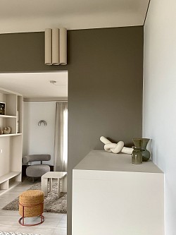Colorimétrie tons de terre, peintures finition velours, agencement sur-mesure, sélection de mobilier actuel pour projet marchand de biens
